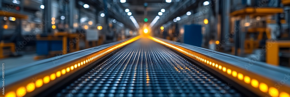 Leinwandbilder a blurred image of a conveyor belt system in an automated factory or warehouse setting.