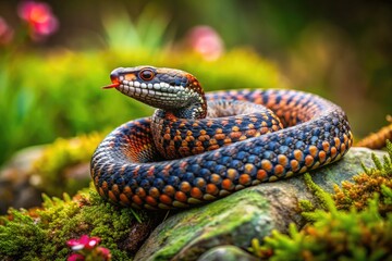 Fototapeta premium Beautiful Spreading Adder Coiled on a Rock in Natural Habitat Surrounded by Lush Greenery and Grass
