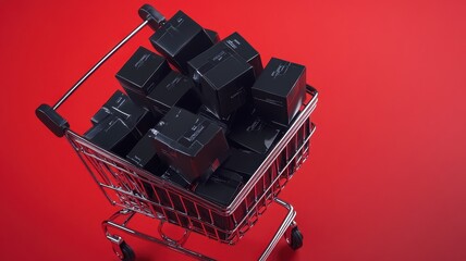 Naklejka premium Paper boxes parcel in a trolley,concept shopping online and service home delivery,black friday,Shopping cart supermarket with boxes,Sales of products,goods through online trading platforms.