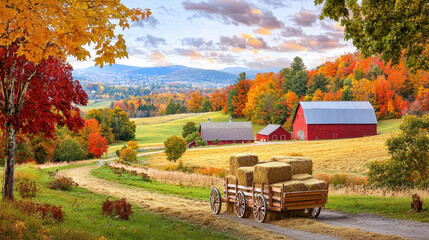 Scenic autumn landscape with vibrant foliage, rustic barn, and hay wagon along a winding rural road in a tranquil farmland setting