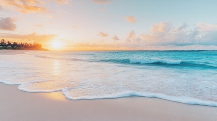 Fototapeta premium A serene seascape with gentle waves crashing onto the shore at sunset.