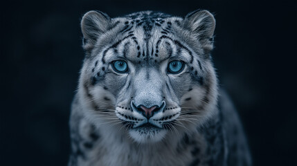 Fototapeta premium A snow leopard with striking silver eyes stares direct