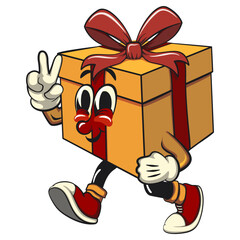 cartoon gift box gold with a red ribbon isolated vector illustration walking with a peace sign, the concept of birthday, Christmas, new year, work of hand drawn
