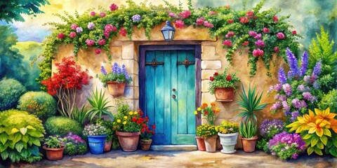 Beautiful Watercolor Illustration of a Door Surrounded by Vibrant Colorful Plants and Flowers