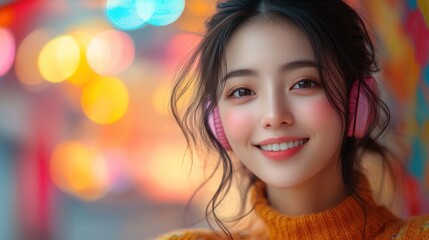 A smiling woman with headphones in a colorful, blurred background.