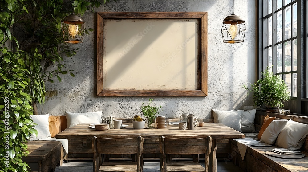 Poster distressed wood frame mockup showcased in a cozy farmhouse-style dining room setting,featuring vinta