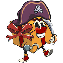 cartoon gift box gold with a red ribbon isolated vector illustration as pirate with dagger, the concept of birthday, Christmas, new year, work of hand drawn