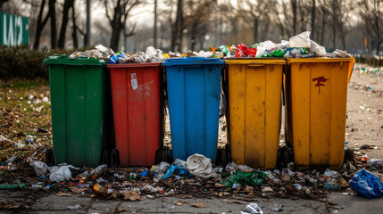 W przestrzeni miejskiej znajdują się nowoczesne pojemniki do segregacji odpad&oacute;w, kt&oacute;re prezentują r&oacute;żne kolory i symbole odpowiadające rodzajom odpad&oacute;w.