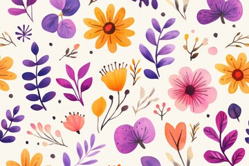 Colorful floral pattern with vibrant spring flowers leaves