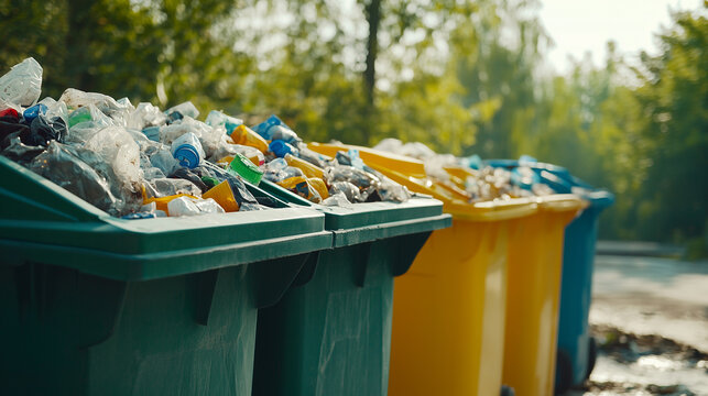 W przestrzeni miejskiej znajdują się nowoczesne pojemniki do segregacji odpad&oacute;w, kt&oacute;re prezentują r&oacute;żne kolory i symbole odpowiadające rodzajom odpad&oacute;w.