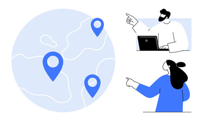 A map with location pins, a man using a laptop, and a woman pointing. Ideal for themes business, teamwork, global communication, navigation, technology. Simple, clean style