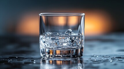 Elegant crystal whiskey glass filled with amber-colored liquor and ice cubes,creating mesmerizing reflections in a sophisticated bar or restaurant setting.