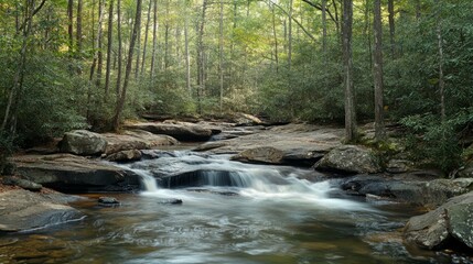 A small waterfall flows over rocks in a lush green forest.