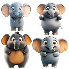 Obraz premium Set of cartoon elephants in a playful style on a transparent background. Perfect for children's illustrations, nursery designs, and fun, kid-friendly projects