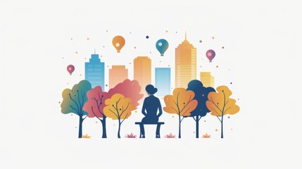 Fototapeta premium Person sitting on a bench observing a colorful city park