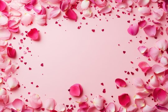 Fototapeta Romantic pink background with rose petals hearts for valentine's day