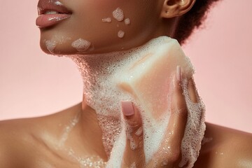 Woman hand holding a light brown natural soap bar on her neck, forming foam on her skin.
