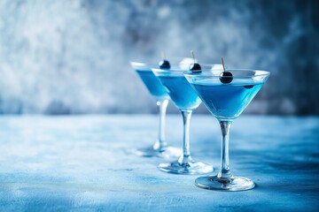 Stylish presentation of three blue cocktails garnished with olives, set against a blurred blue gradient background.