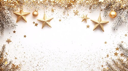 Golden Christmas background with shining stars and festive holiday sparkle on white background