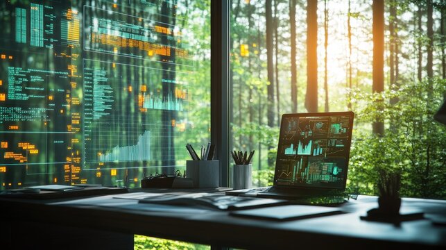 A modern digital marketera??s desk with analytics and campaigns, a window view of a forest with a digital overlay of data, and the focused energy of motivational lo-fi hip-hop.