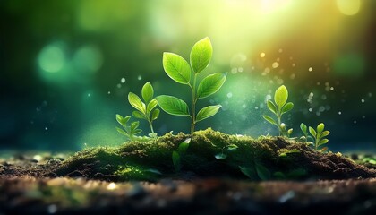 A vibrant scene of small green plants emerging from rich soil, illuminated by sunlight, symbolizing growth and renewal in a natural setting.