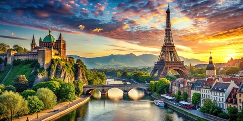 Obraz premium Breathtaking Views of Iconic European Landmarks Surrounded by Stunning Natural Landscapes and Culture