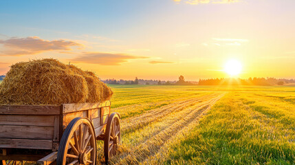 Rustic wooden cart filled with hay bales in a picturesque agricultural field during a vibrant sunrise with golden light
