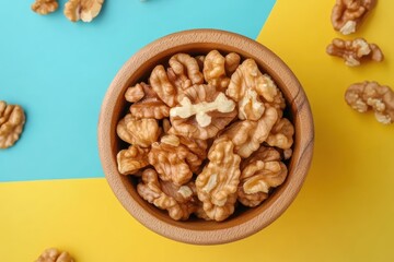 Wooden bowl of walnuts on colorful background