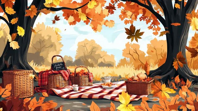 Outdoor thanksgiving picnic in a park with plaid blankets, wicker baskets, and autumn foliage, rendered in a rustic, hand-drawn animated illustration style