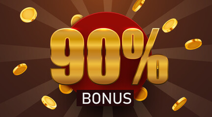 90 percent bonus with falling golden coins. Cashback or prize concept. Vector illustration