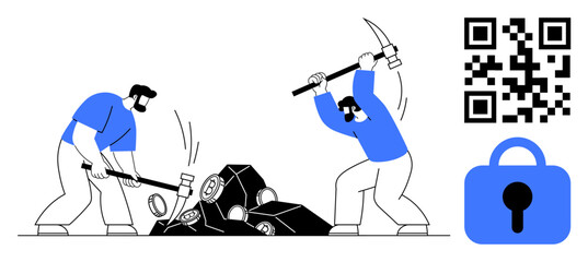 Two men are using pickaxes and sledgehammers to break rocks. On the right side are a QR code and a blue padlock icon. Ideal for security, data protection, mining, teamwork, digital technology