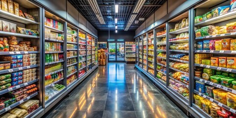 Obraz premium Brightly Lit Convenience Store Aisle with Snacks, Drinks, and Everyday Essentials on Display
