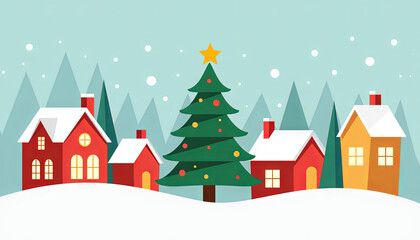 Christmas Tree in Snowy Village with Colorful Houses