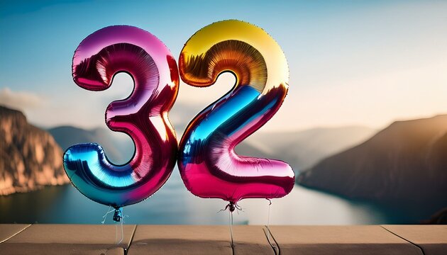 Banner with number 32 colorful balloons with copy space