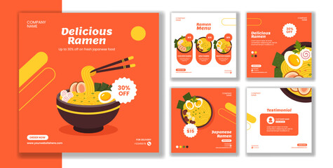 Ramen Japanese Food Social Media Post Flat Cartoon Hand Drawn Templates Background Illustration