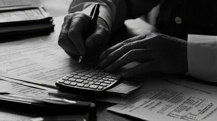 Hands Using Calculator and Filling Out Forms