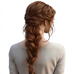A beautifully styled long braid cascading down the back of a young woman with flowing auburn hair and a simple blouse.