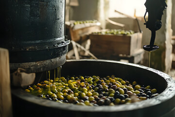 Fresh olives and olive oil with an oil press showcasing the traditional extraction process