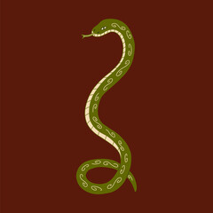 Naklejka premium Mystical green earth snake cobra on burgundy background. Colorful stylized vector illustration hand drawn. Dark abstract esoteric poster. Symbol of the new 2025 year. Wood texture