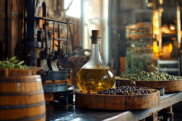 Fresh olives and olive oil with an oil press showcasing the traditional extraction process