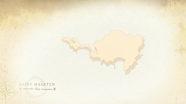 Map of Saint Martin in the old style, brown graphics in retro fantasy style, perfect for intro or video presentation. High quality 4K video.