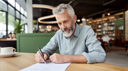 businessman sitting in cafe, An older man with short gray hair and a beard, wearing casual, is sitting at a table in a coffee shop, writing on paper.