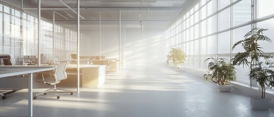 Sunlit Modern Office Space: A bright and airy workspace bathed in natural light, featuring minimalist desks, large windows, and potted plants, creating a serene and productive environment. 