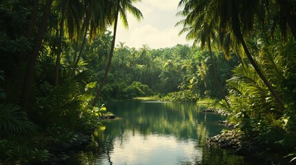 A tranquil lagoon hidden in a lush tropical jungle.