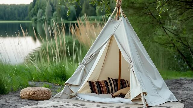 Tranquil lakeside teepee with cozy interior in scenic natural setting captured in serene camping area, 4k footage