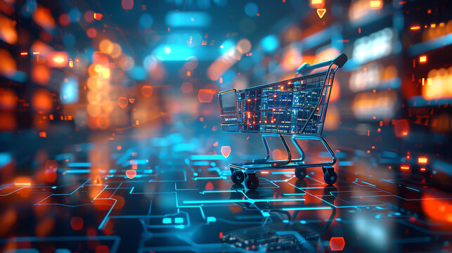 Abstract background with blurred shopping cart. E-commerce concept.