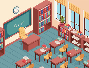 Isometric classroom interior with desks, bookshelves, and chalkboard, featuring a neat, organized layout. Ideal for educational designs, infographics, or presentations. Vector illustration