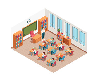 Detailed isometric classroom with desks, chairs, and a chalkboard. Cartoon characters design. Teaching process with adult teacher and students sitting at desks. Vector illustration