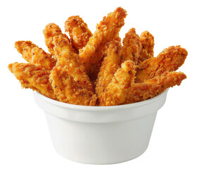 Chicken strips in a white bucket are isolated against a transparent background with a clipping path for graphic design elements and mockup templates.