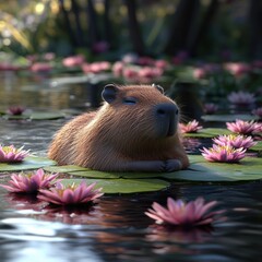 A serene capybara resting on a lily pad amidst beautiful pink flowers in a tranquil pond setting.